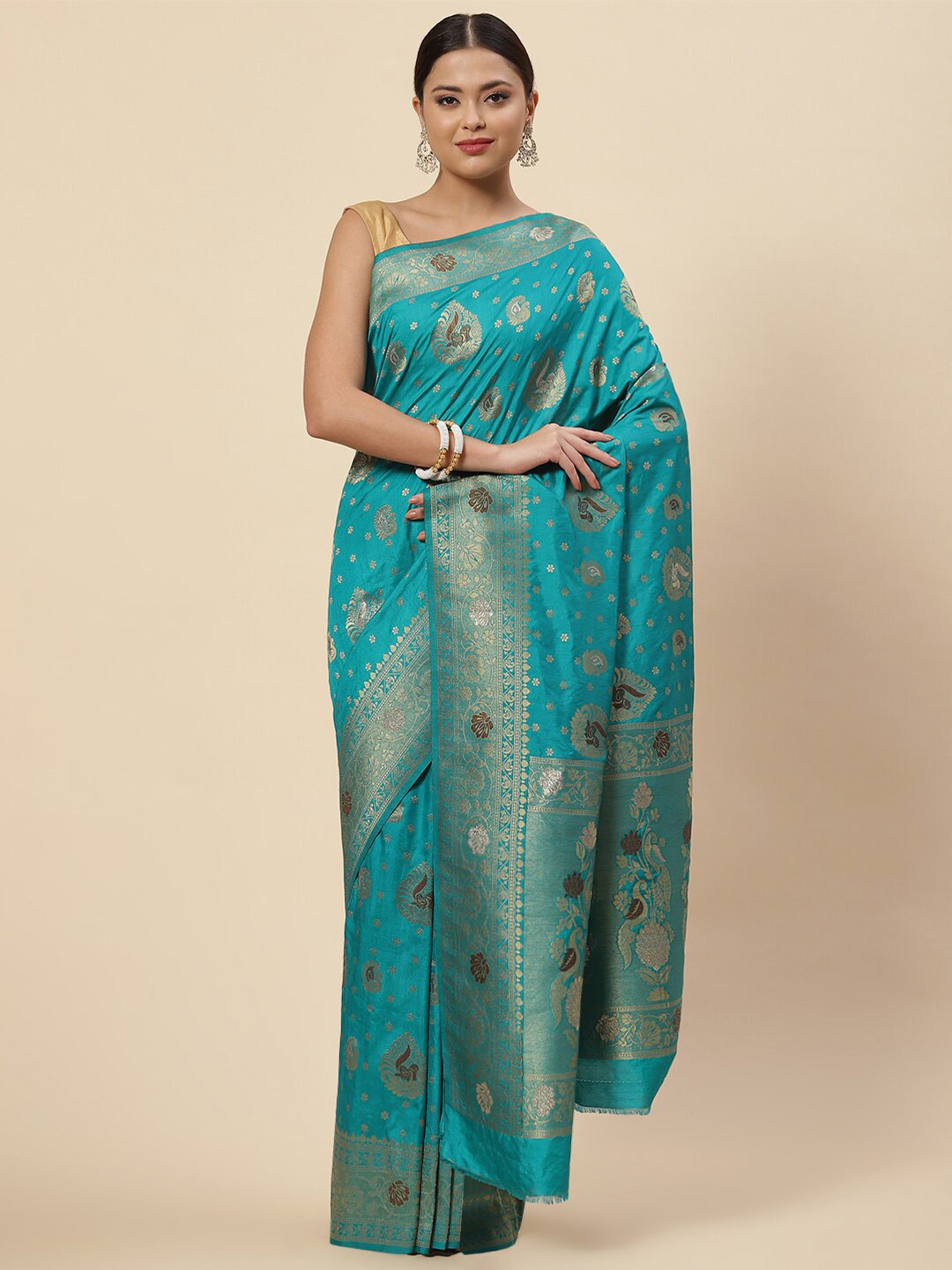 

Meena Bazaar Blue & Gold-Toned Floral Zari Art Silk Saree