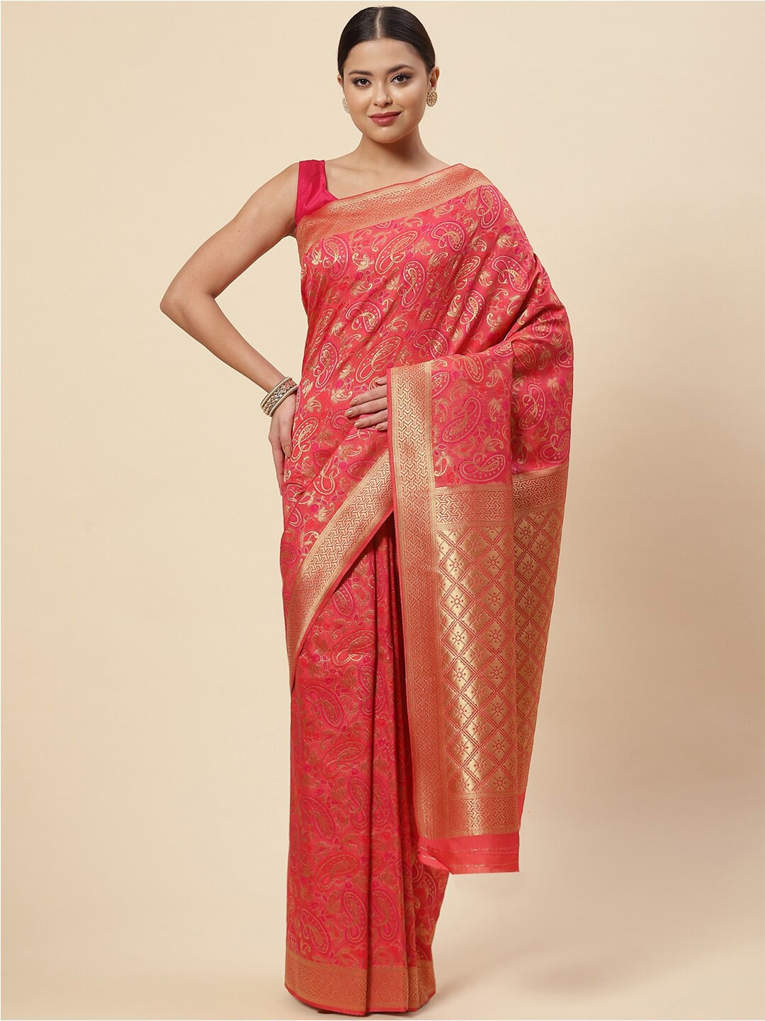 

Meena Bazaar Peach-Coloured & Gold-Toned Paisley Zari Art Silk Saree