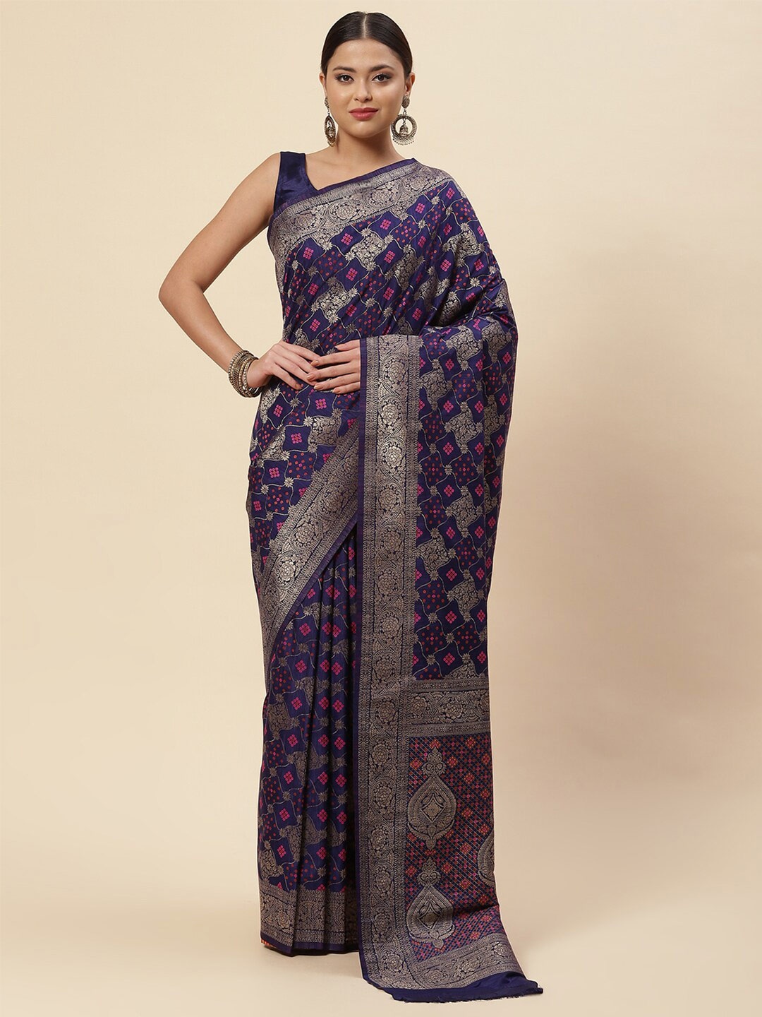 

Meena Bazaar Navy Blue & Gold-Toned Ethnic Motifs Zari Art Silk Saree