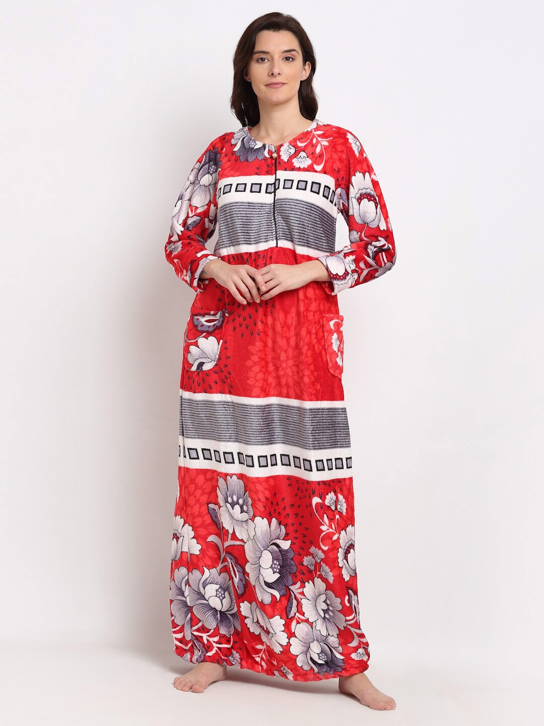

GRACIT Red Printed Floral Maxi Nightdress