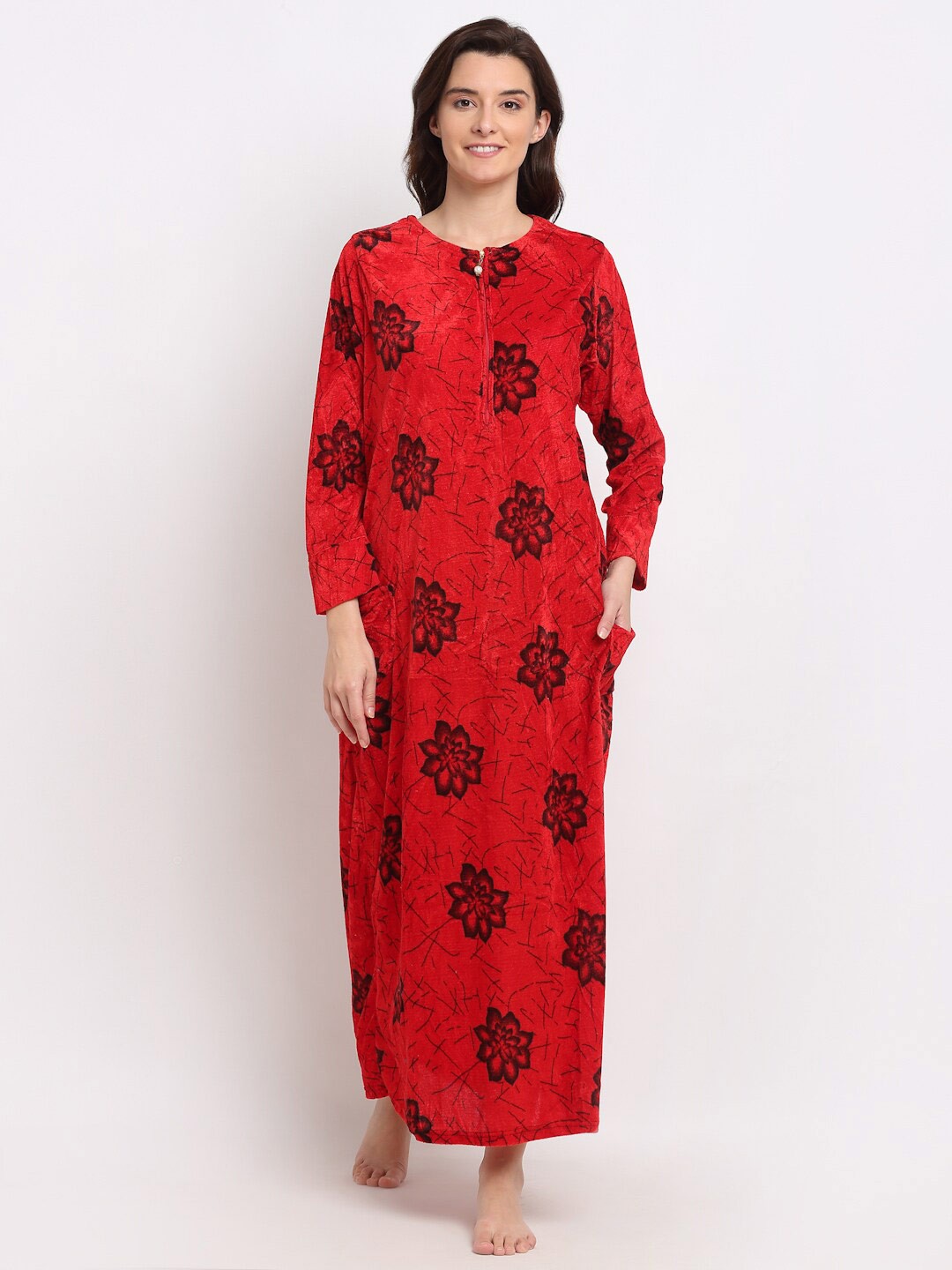 

GRACIT Red Printed Floral Maxi Nightdress