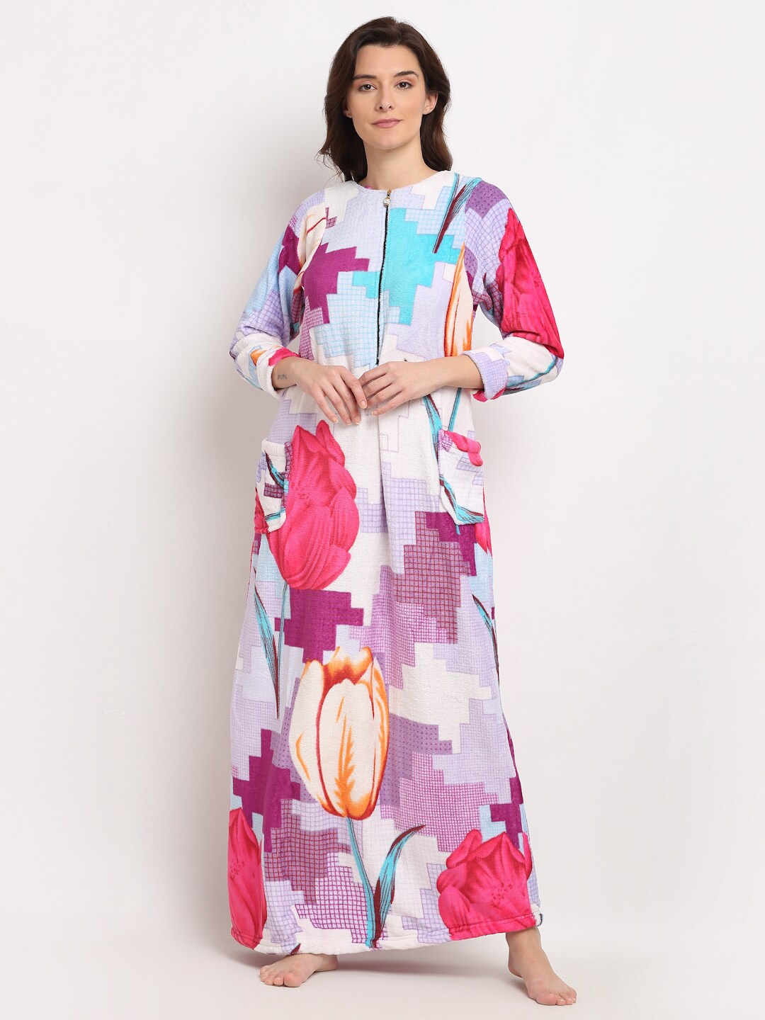 

GRACIT Pink Printed Floral Maxi Nightdress