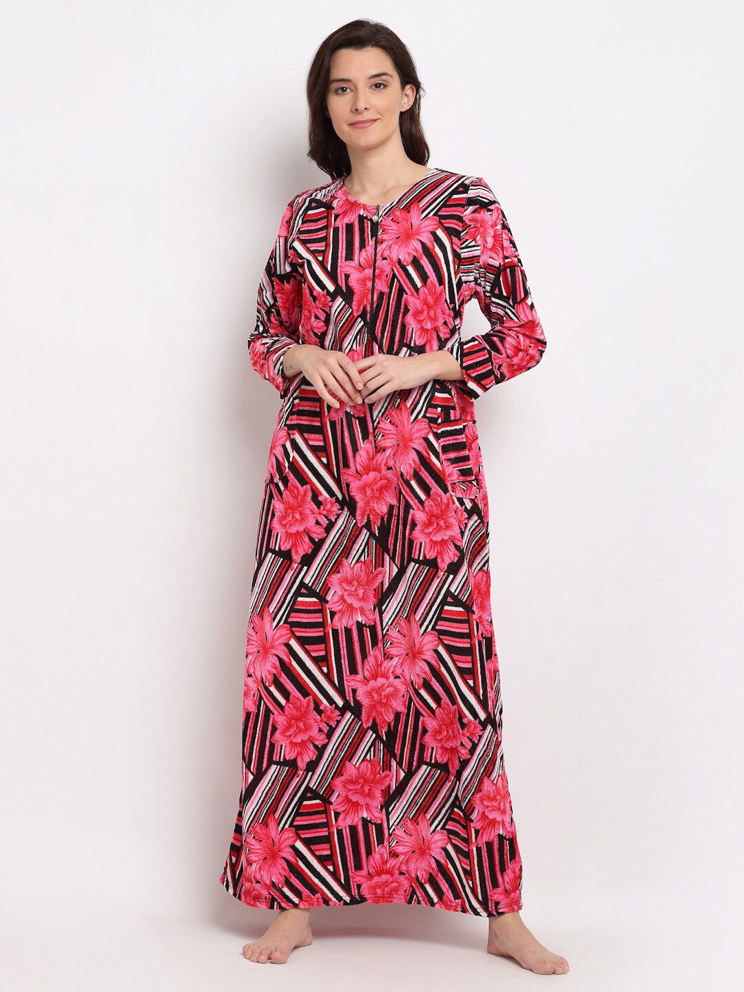

GRACIT Pink Printed Floral Maxi Nightdress