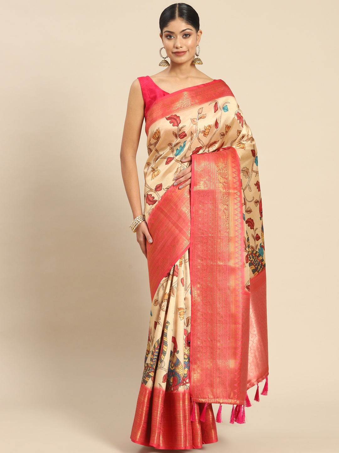 

Silk Land Kalamkari Kanjeewaram Art Silk Zari Woven Digital Print saree, Beige