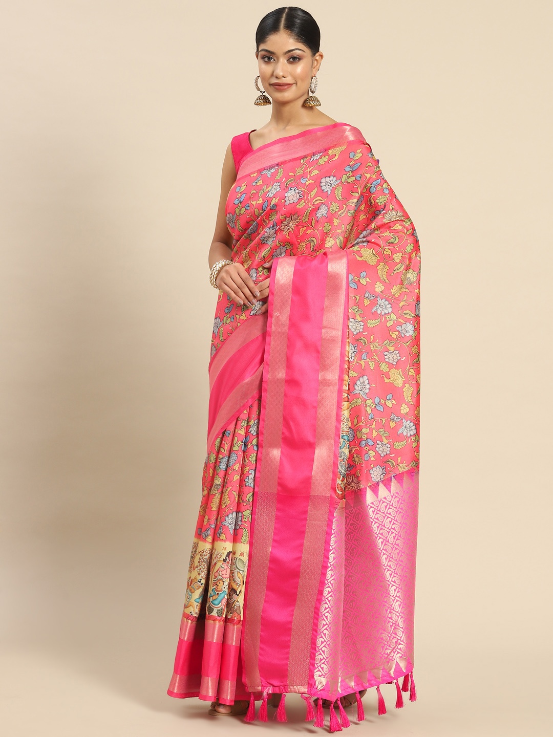 

Silk Land Kalamkari Zari Art Silk Kanjeevaram Saree, Pink