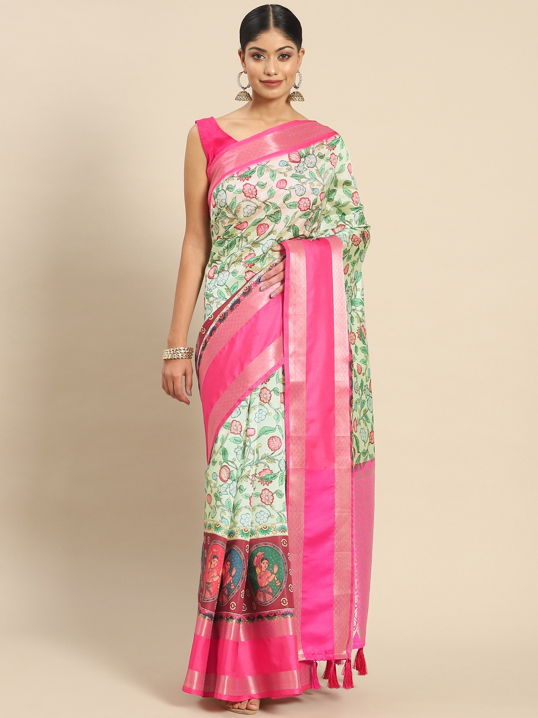 

Silk Land Kalamkari Kanjeewaram Art Silk Zari Woven Digital Print saree, Sea green