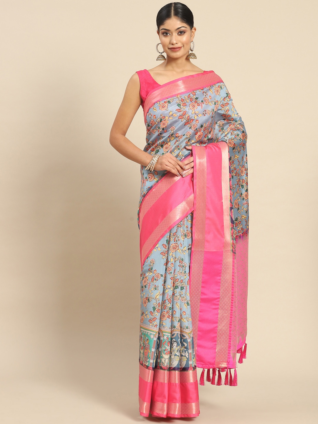 

Silk Land Kalamkari Kanjeewaram Art Silk Zari Woven Digital Print saree, Blue