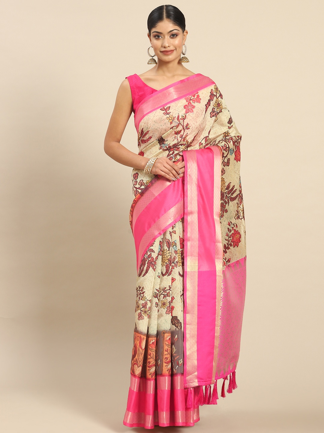 

Silk Land Kalamkari Kanjeewaram Art Silk Zari Woven Digital Print saree, Beige