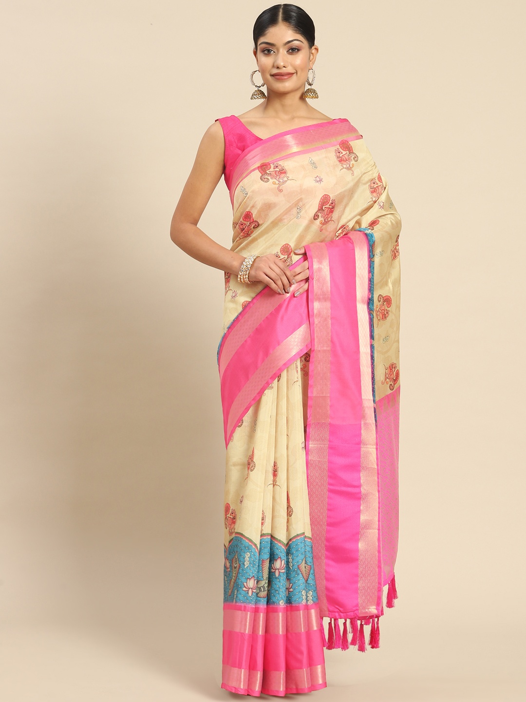 

Silk Land Kalamkari Kanjeewaram Art Silk Zari Woven Digital Print saree, Beige