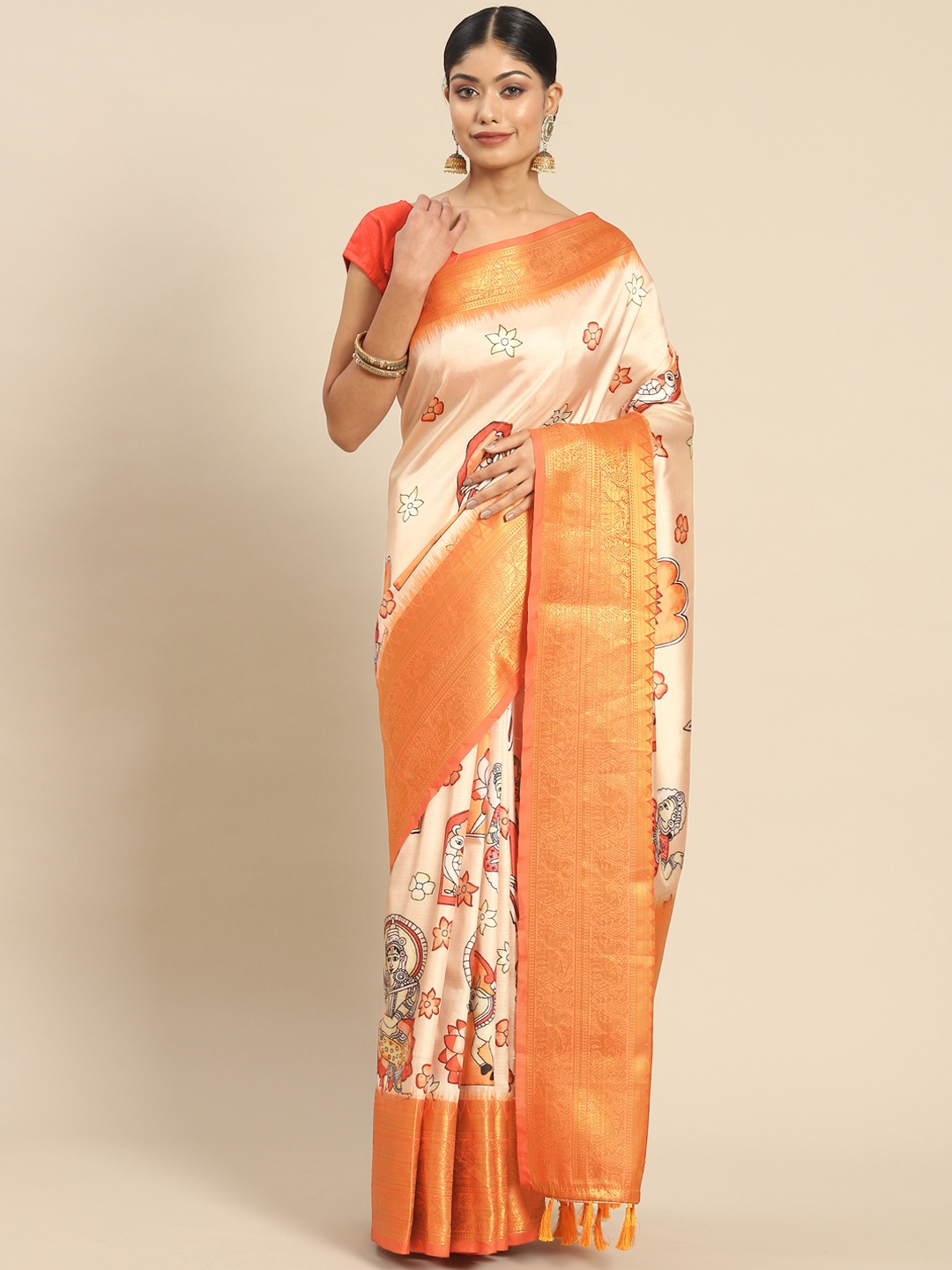 

Silk Land Kalamkari Zari Art Silk Kanjeevaram Saree, Peach