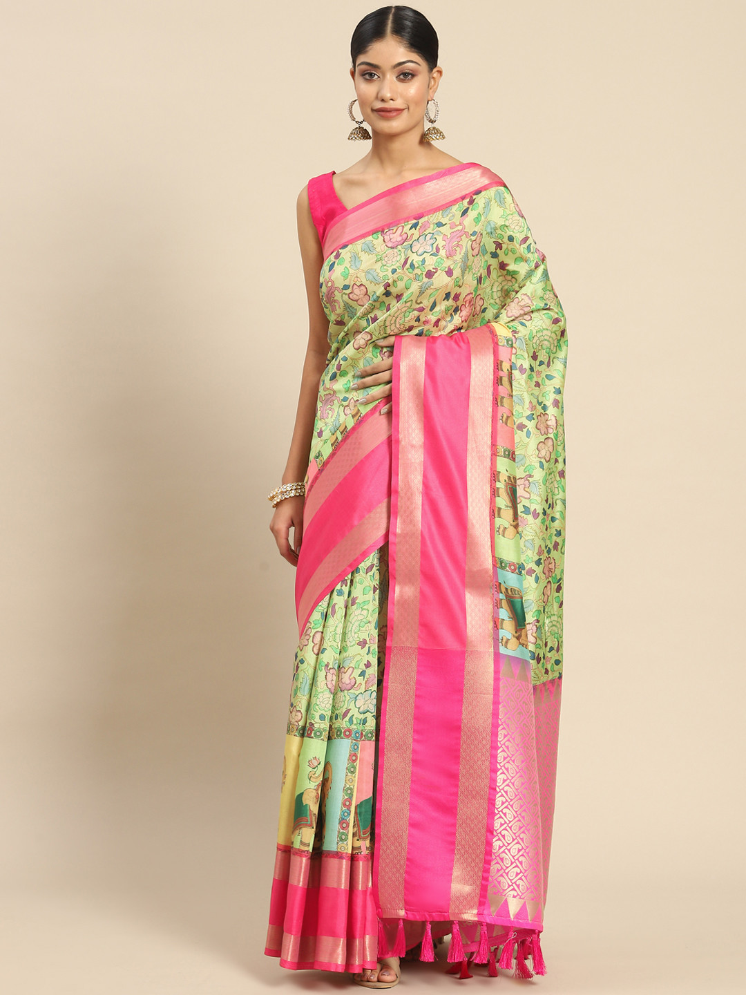 

Silk Land Kalamkari Zari Art Silk Kanjeevaram Saree, Green