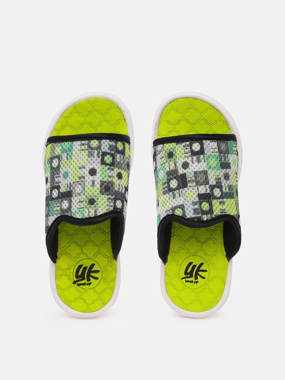 

YK Unisex Kids Fluorescent Green & White Geometric Print Sliders