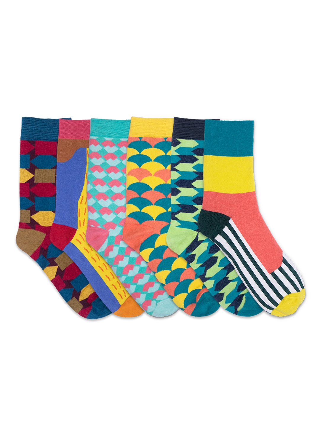 

hexafun Geometric Series Pk Pack Of 6 Patterned Organic Cotton Calf-Length Socks, Blue