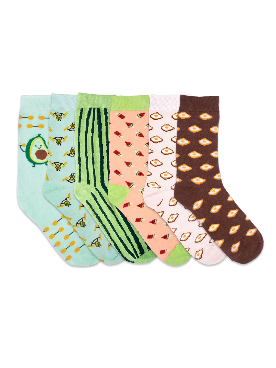 

hexafun Pack Of 6 Pattered Crew-Length Pure Cotton Socks, Green