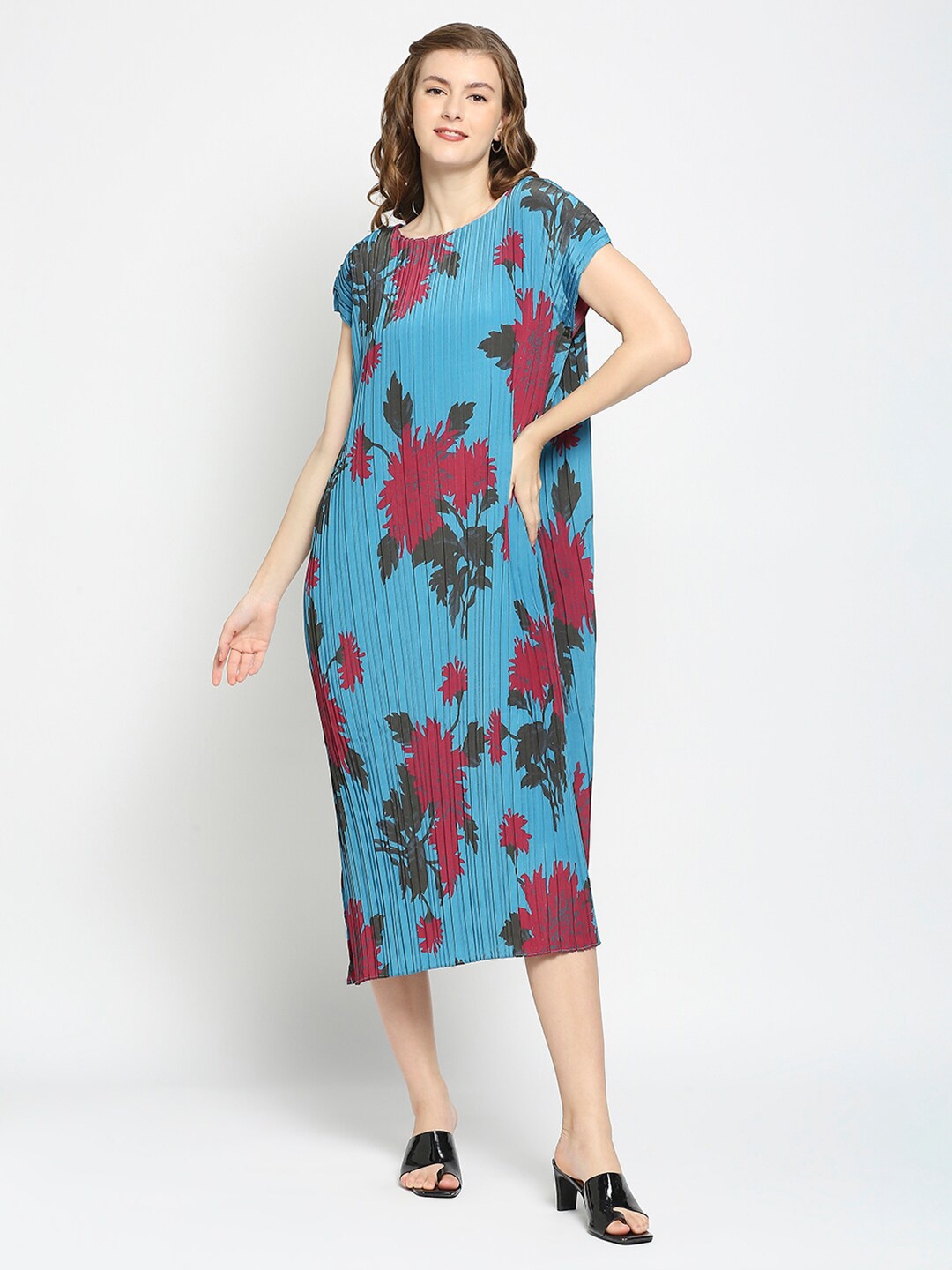 

Cloth Haus India Teal Floral Ethnic Sheath Midi Dress