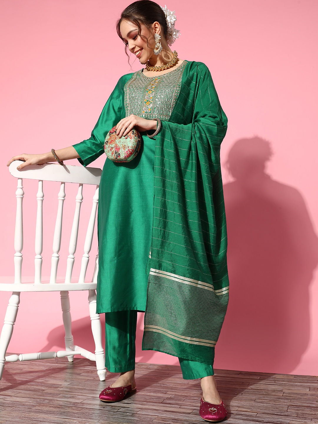 

Ishin Women Green Yoke Design Kurta with Trousers & With Dupatta