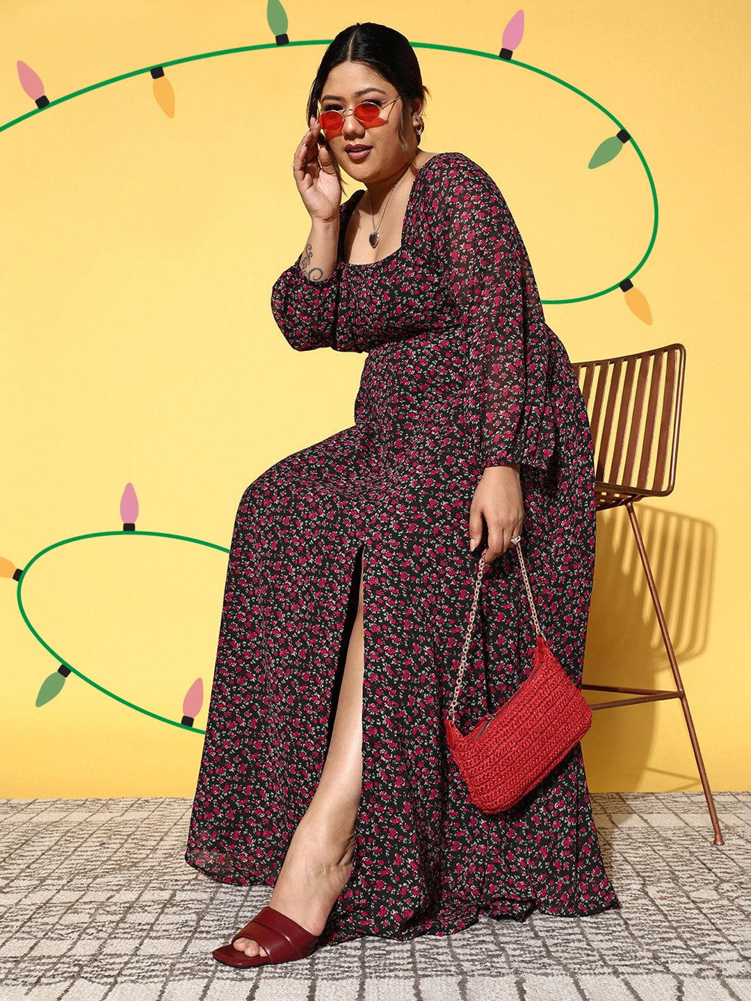 

Berrylush Curve Floral Square Neck Georgette Flared Maxi Dress, Black