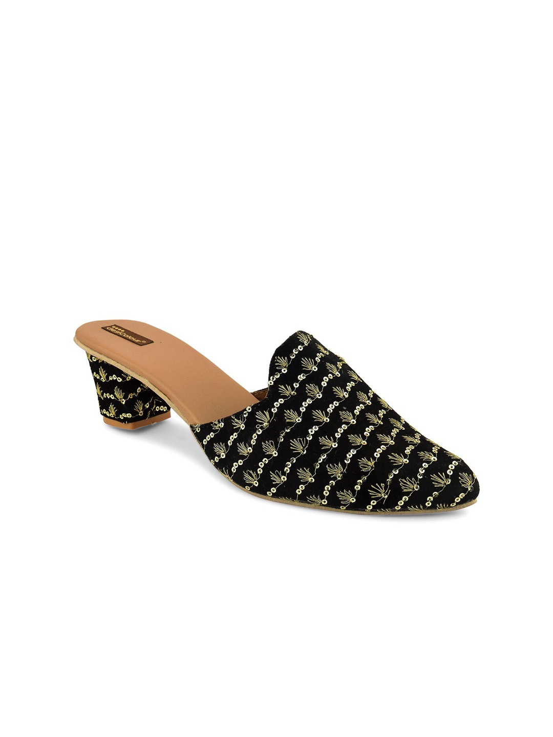 

DESI COLOUR Women Black & Gold Embellished Ethnic Block Mules
