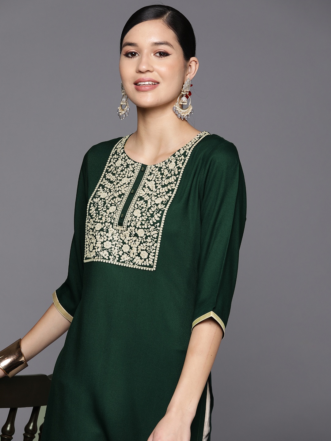 

Libas Green Floral Yoke Design Thread Work Floral Kurta