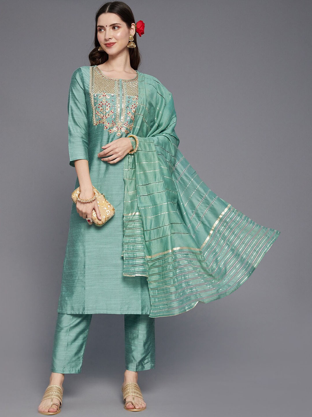 

Ishin Women Sea Green Ethnic Motifs Yoke Design Kurta with Trousers & With Dupatta