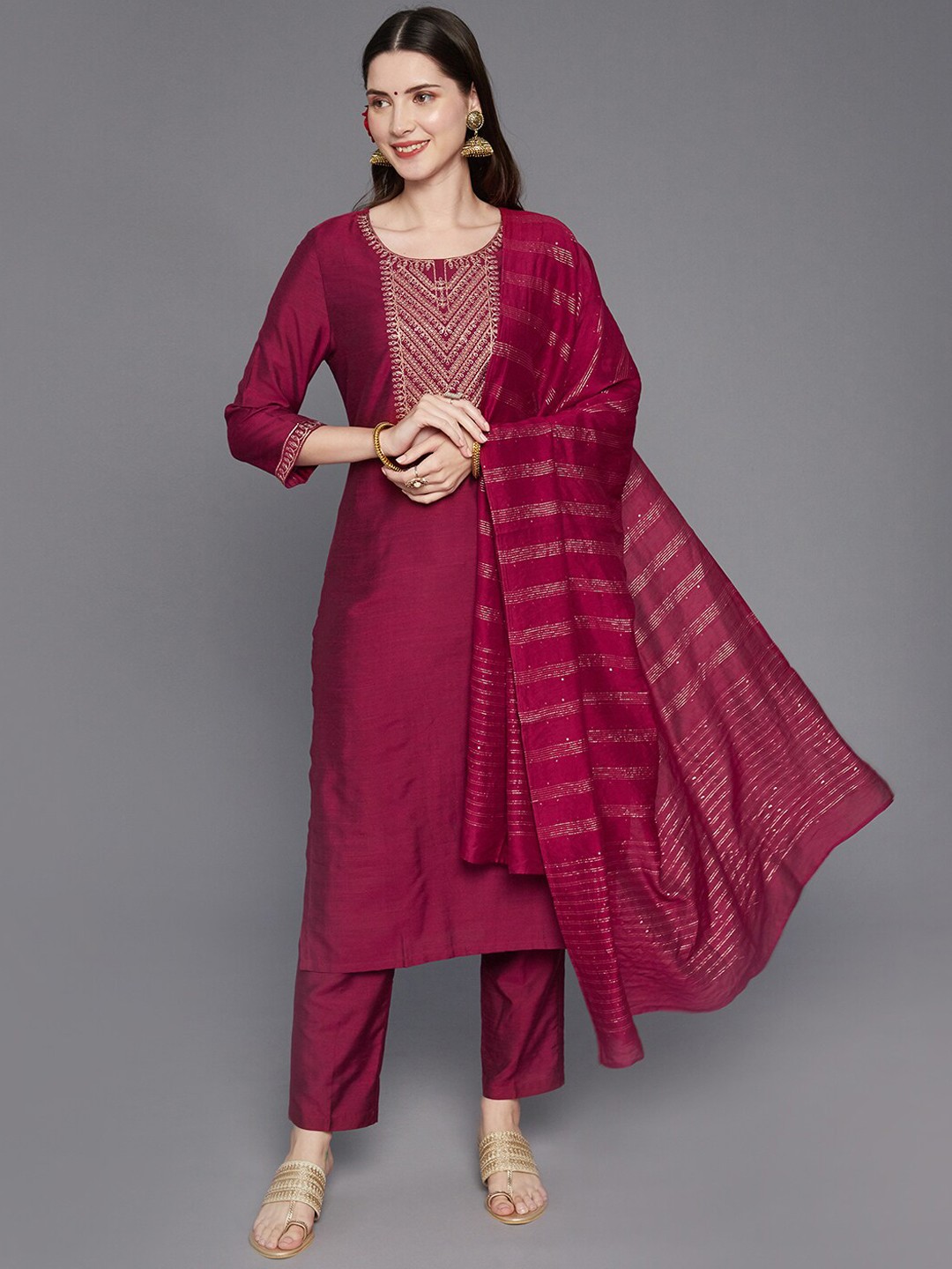 

Ishin Women Maroon Ethnic Motifs Yoke Design Kurta with Trousers & With Dupatta