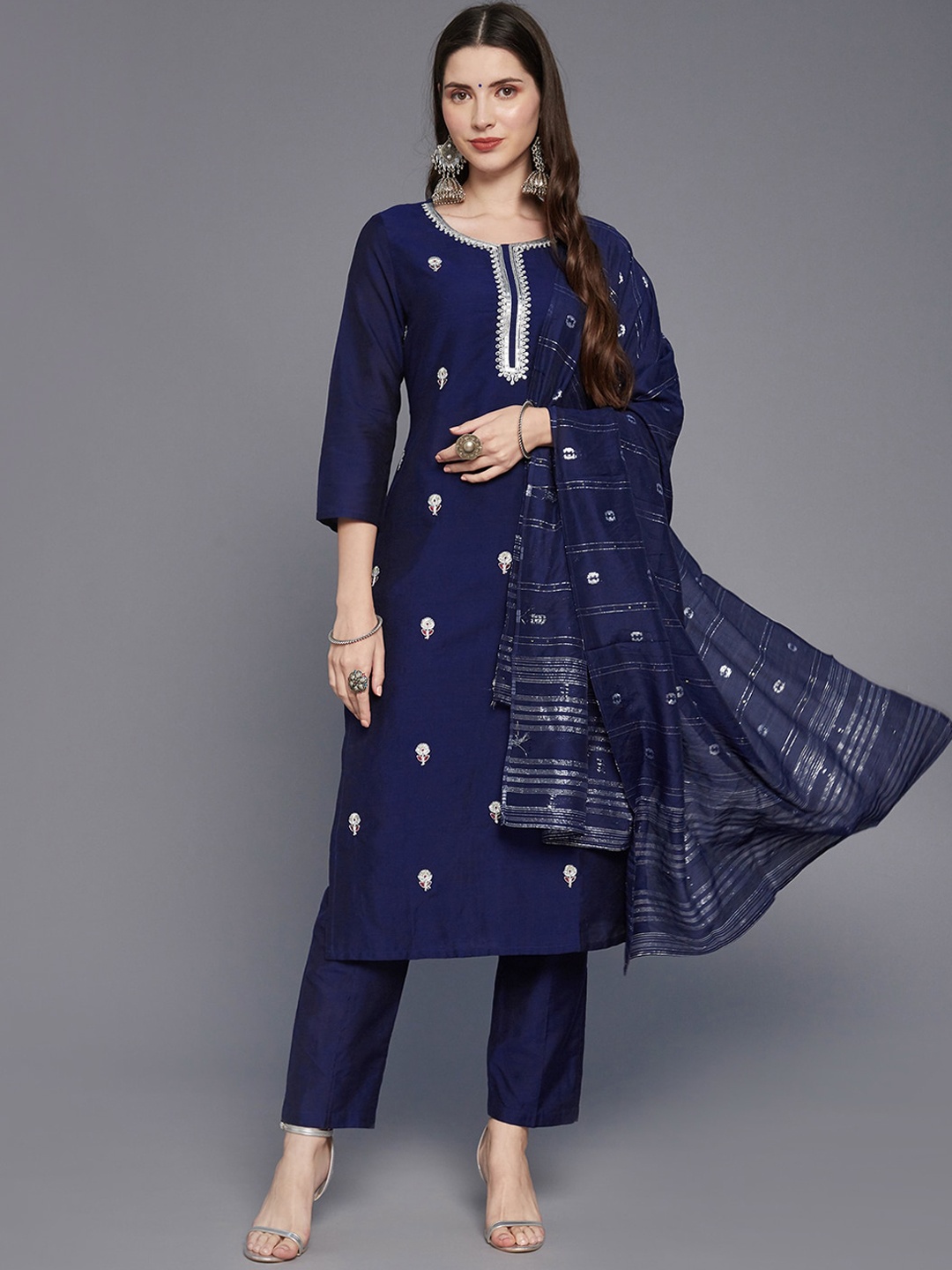 

Ishin Women Navy Blue Floral Embroidered Kurta with Trousers & With Dupatta