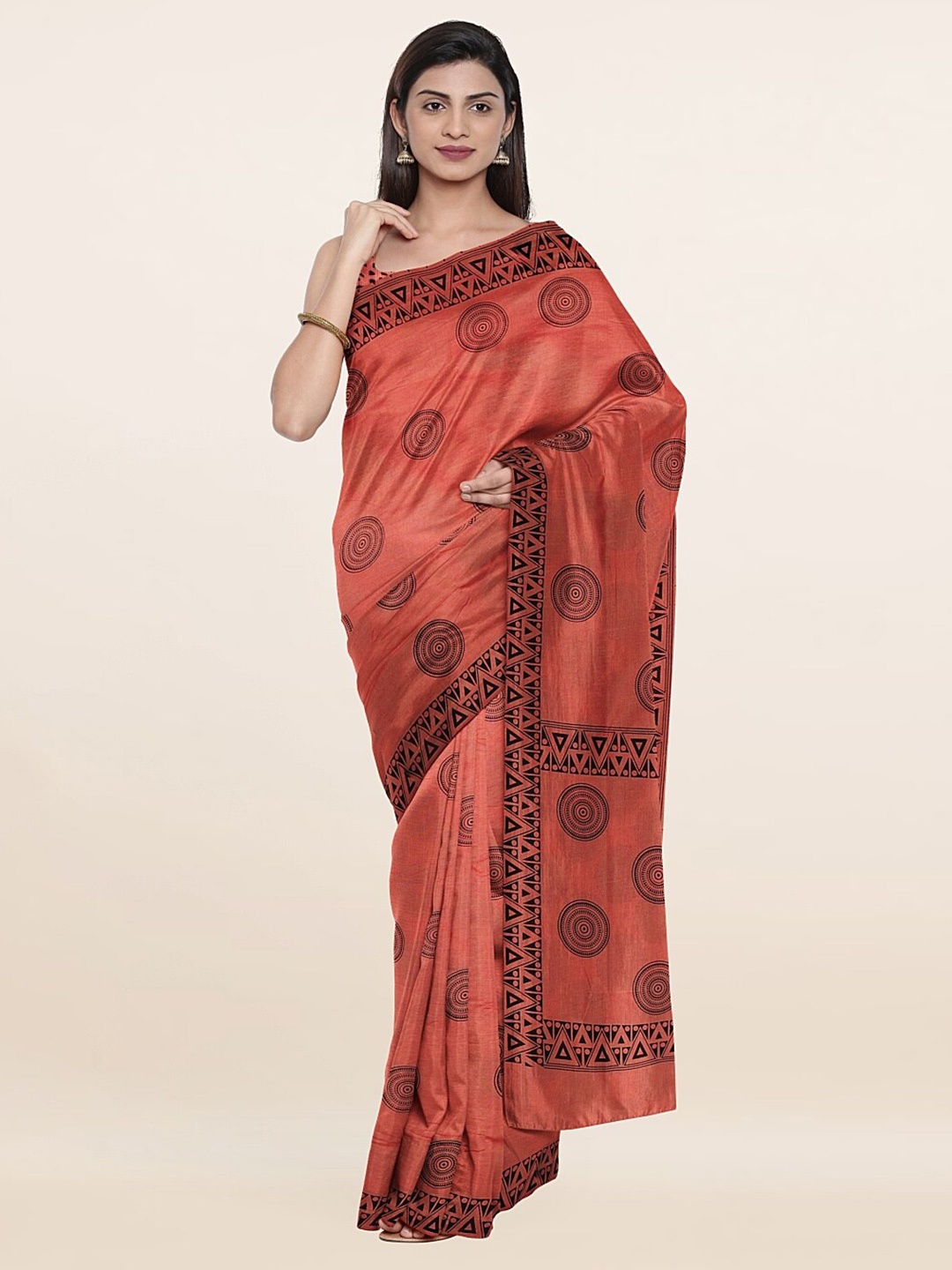 

Pothys Peach-Coloured & Black Ethnic Motifs Printed Saree