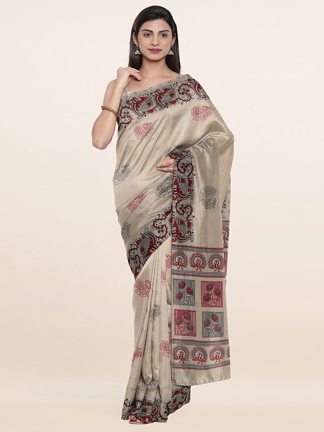 

Pothys Cream-Coloured & Red Paisley Printed Saree