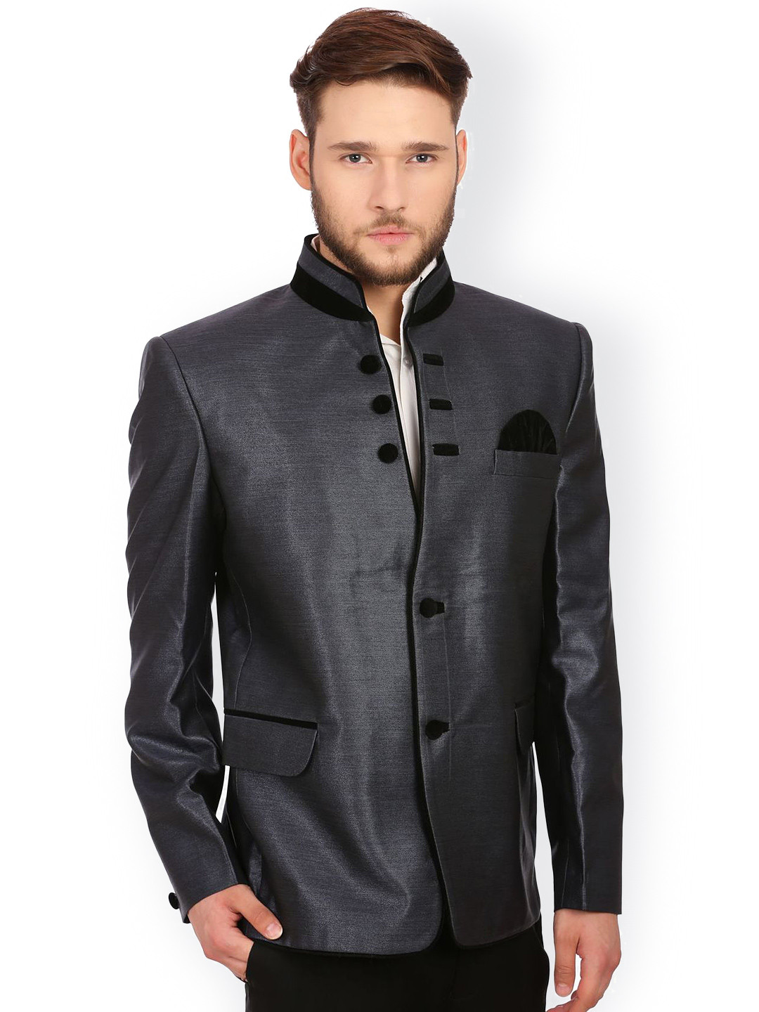 

Wintage Men Grey Single-Breasted Tailored Fit Ethnic Bandhgala Blazer