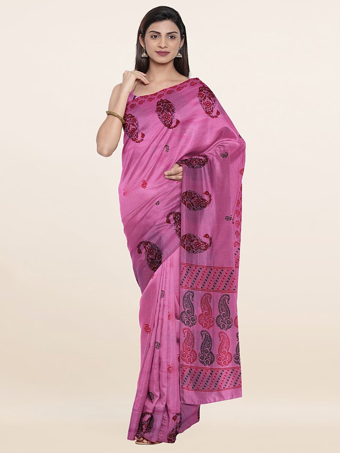 

Pothys Pink & Black Paisley Printed Saree