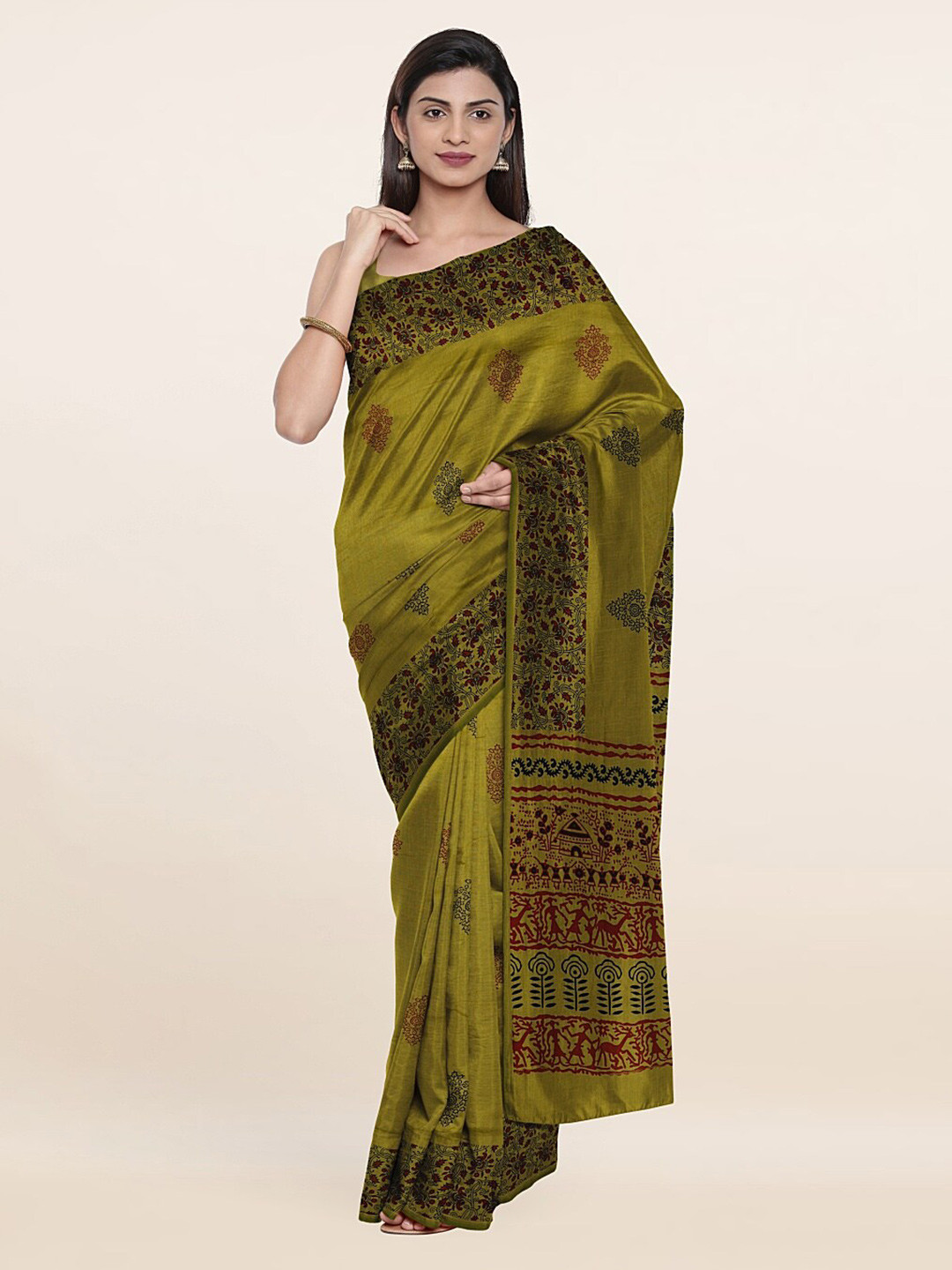 

Pothys Green & Black Ethnic Motifs Printed Saree