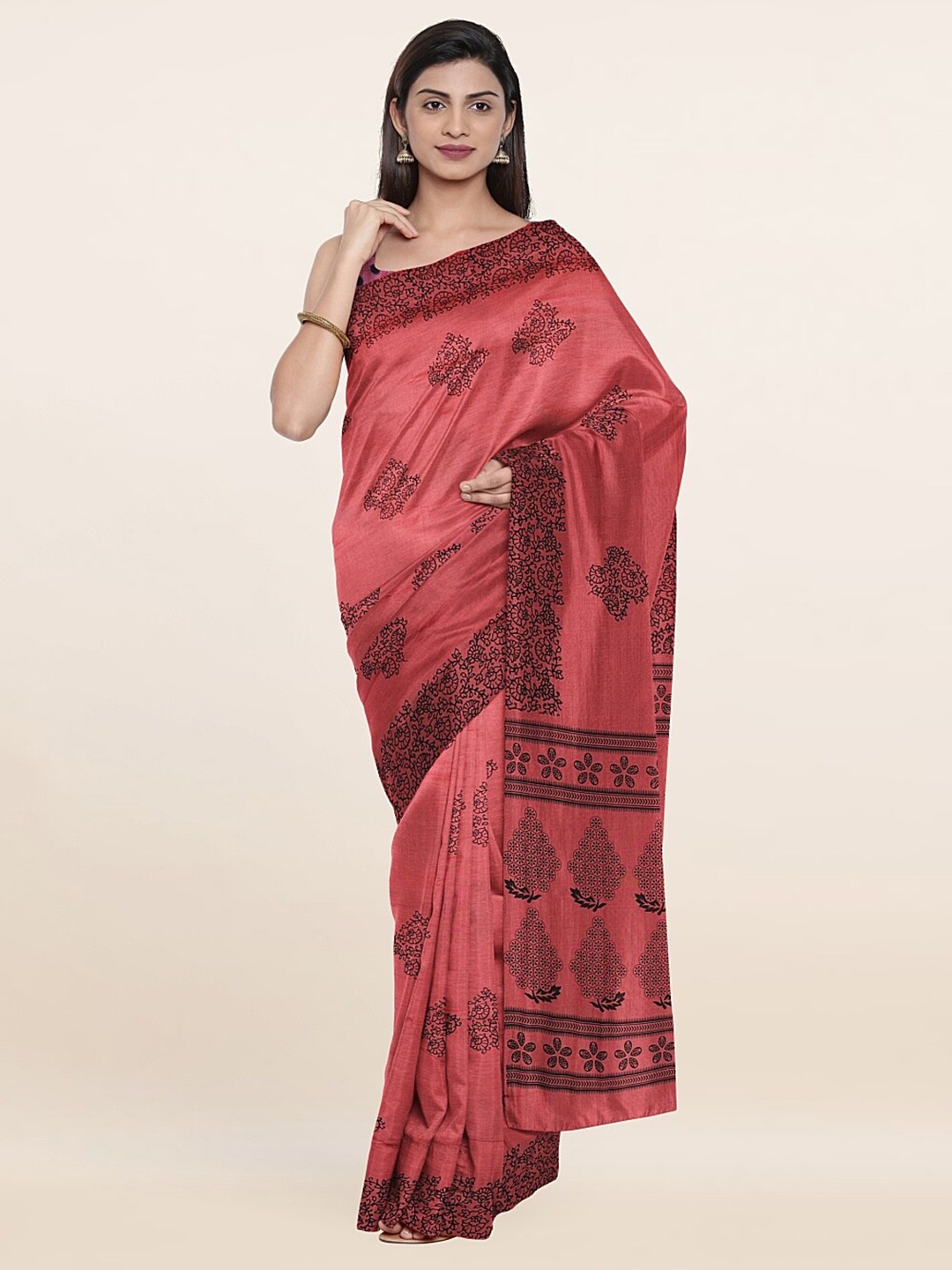 

Pothys Peach-Coloured & Black Paisley Printed Saree