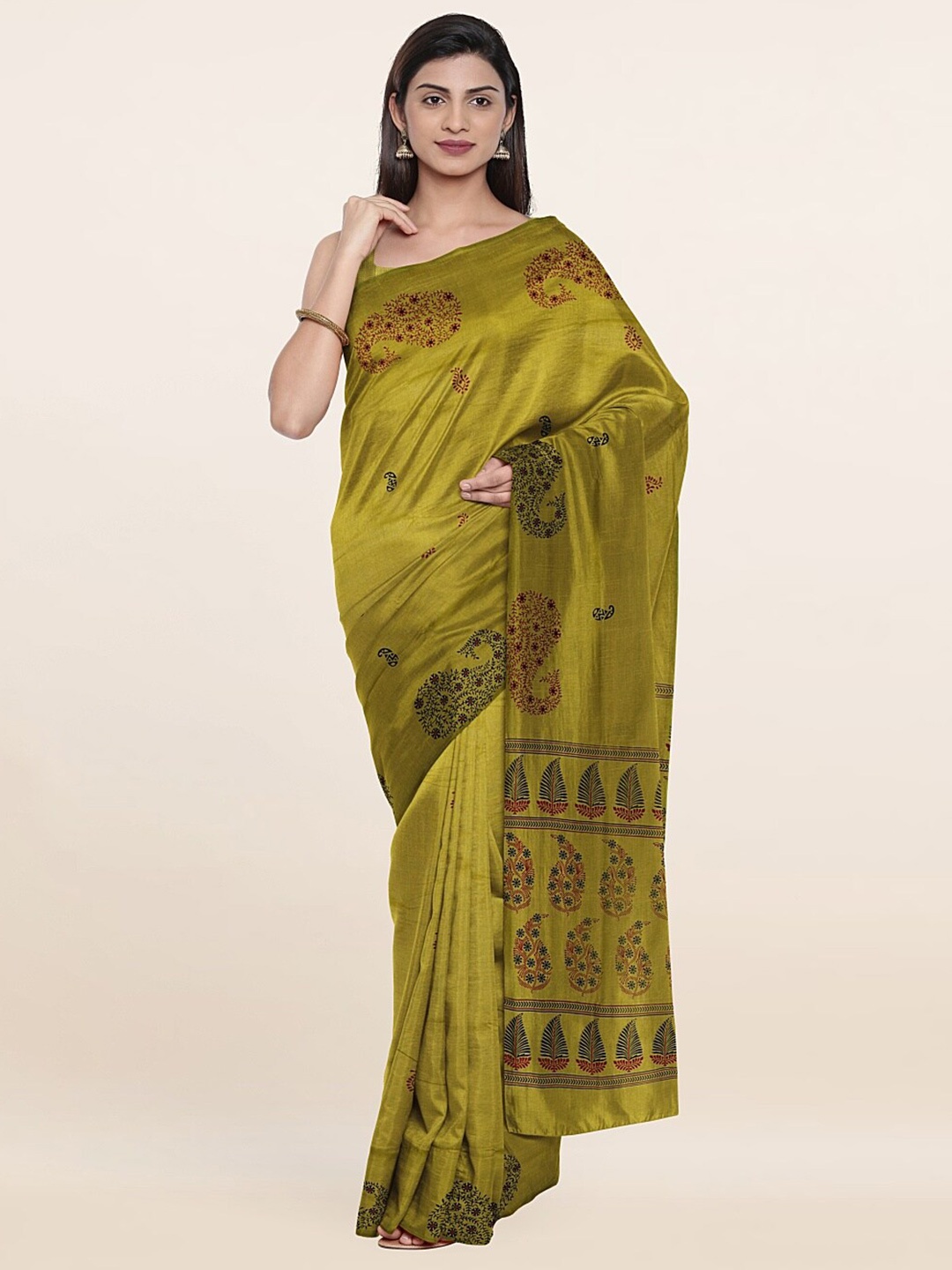 

Pothys Green & Red Paisley Printed Saree