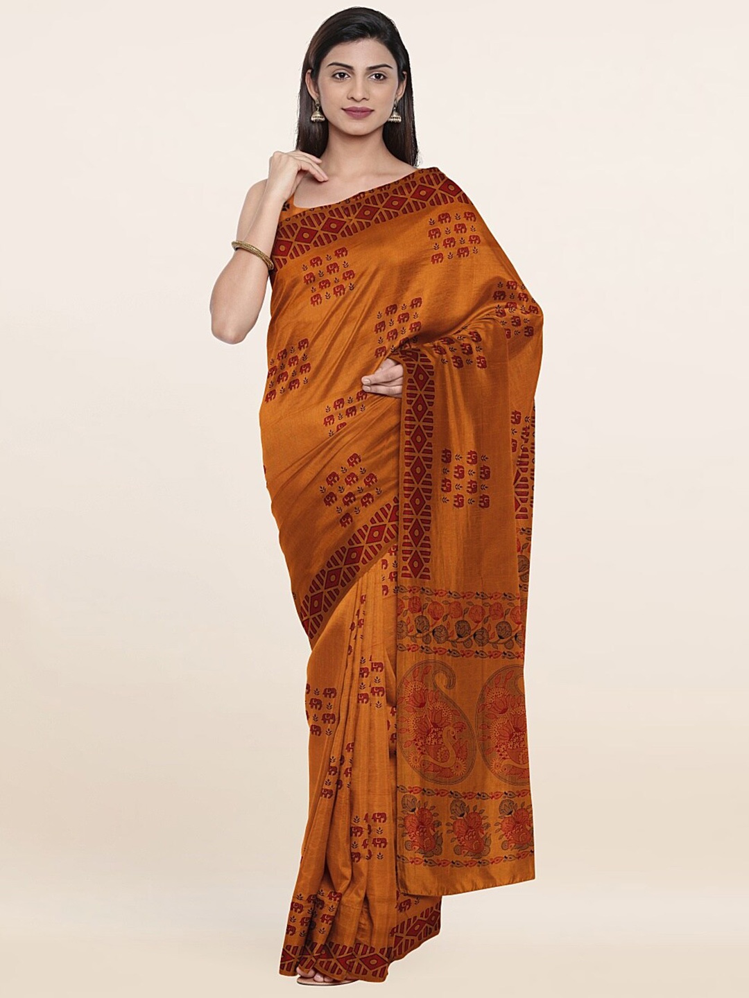 

Pothys Mustard & Black Ethnic Motifs Printed Saree
