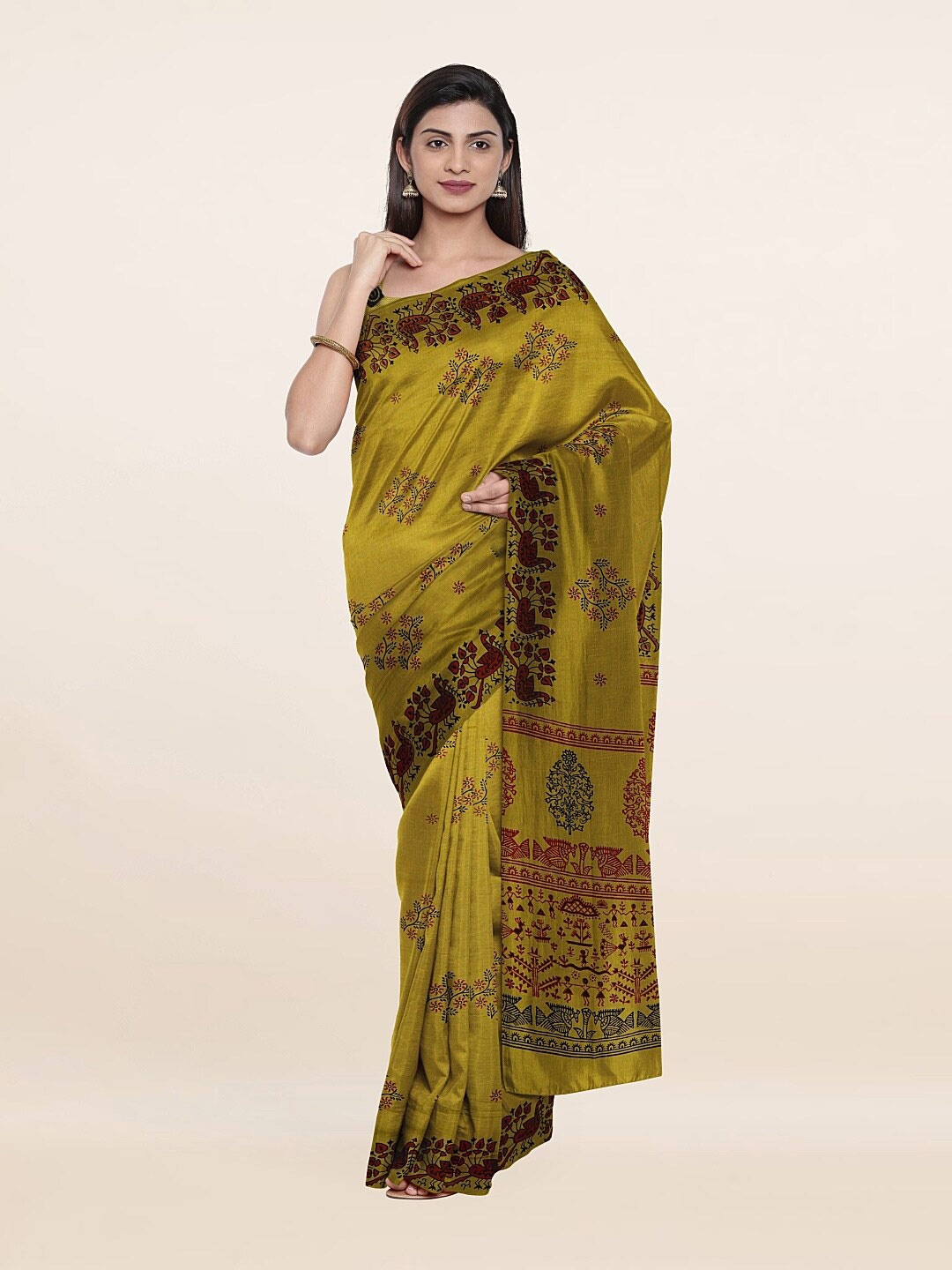 

Pothys Green & Red Floral Printed Saree