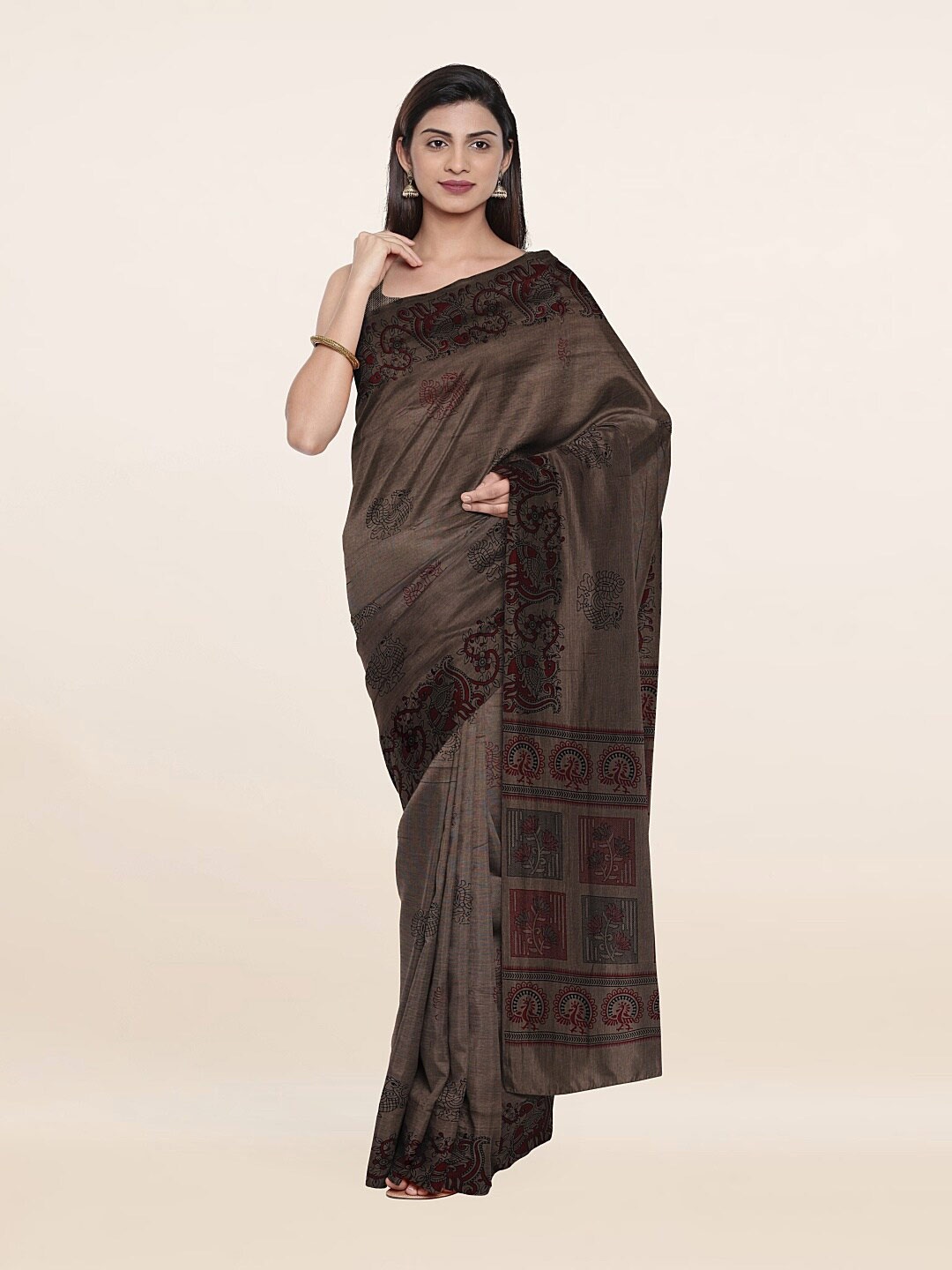 

Pothys Grey & Green Ethnic Motifs Printed Saree