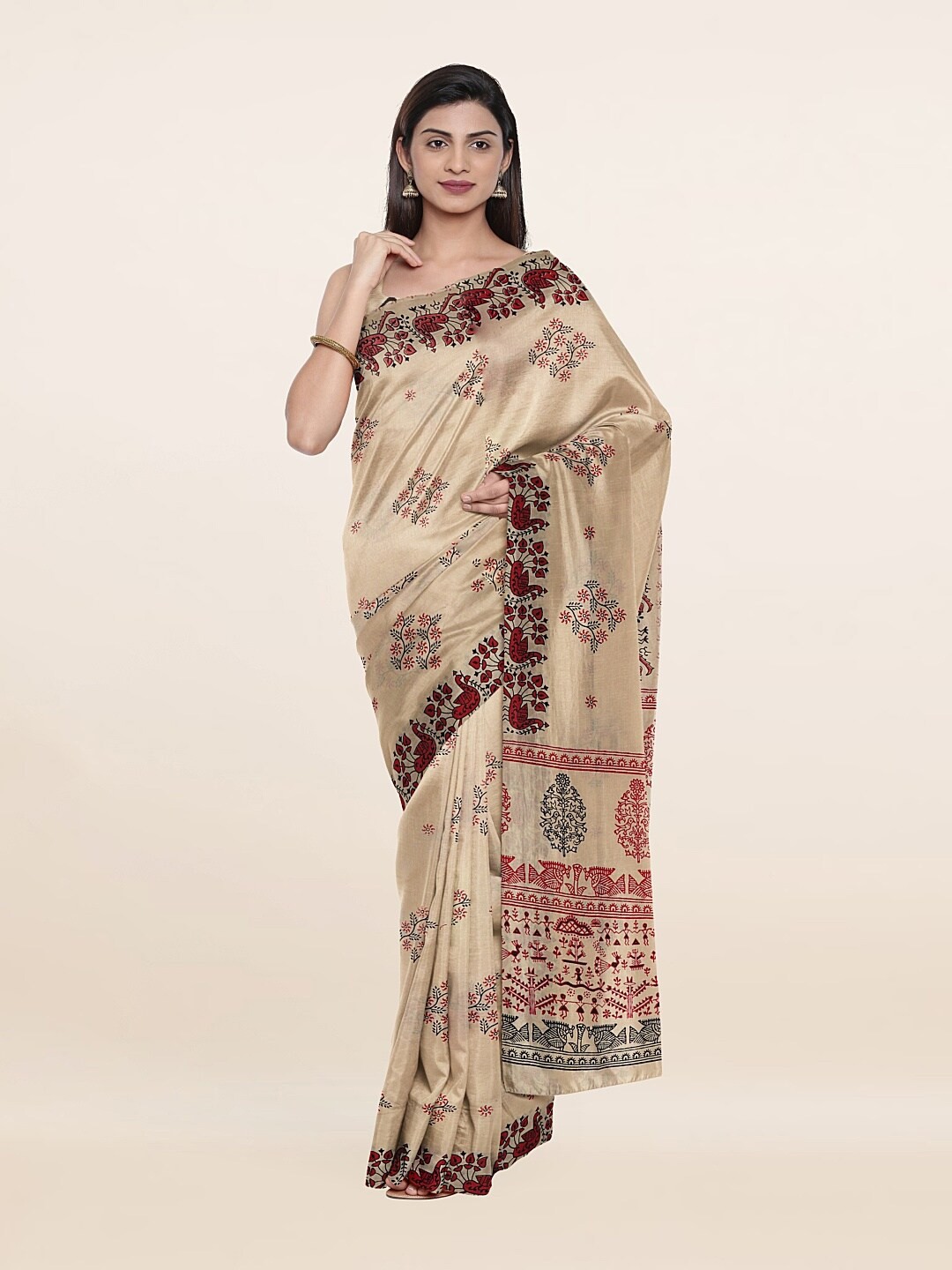 

Pothys Cream & Green Ethnic Motifs Printed Saree