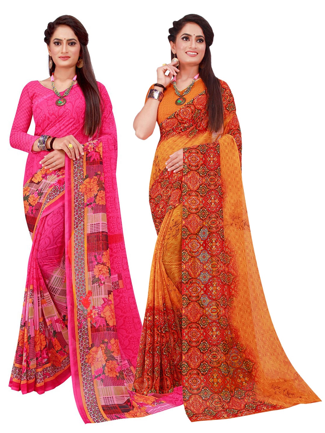 

Silk Bazar Orange & Magenta Pack of 2 Floral Printed Pure Georgette Sarees