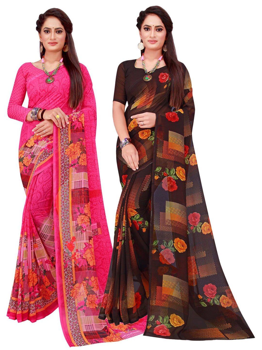 

Silk Bazar Magenta & Brown Pack of 2 Floral Printed Pure Georgette Sarees