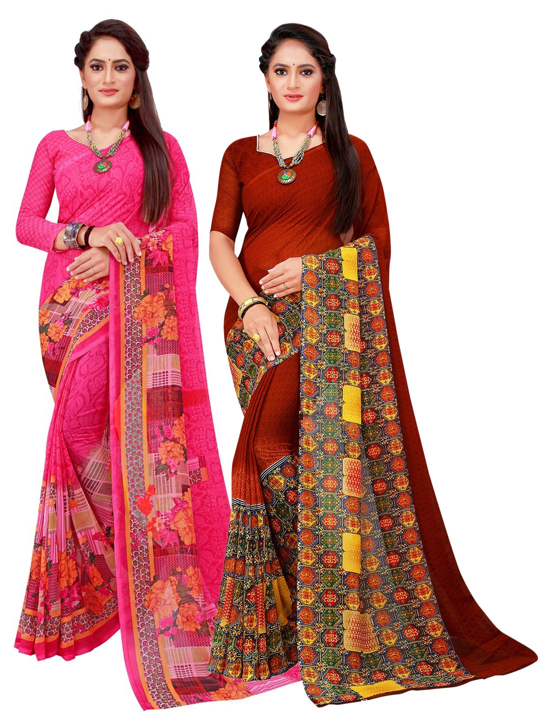 

Silk Bazar Magenta & Maroon Pack of 2 Floral Printed Pure Georgette Sarees