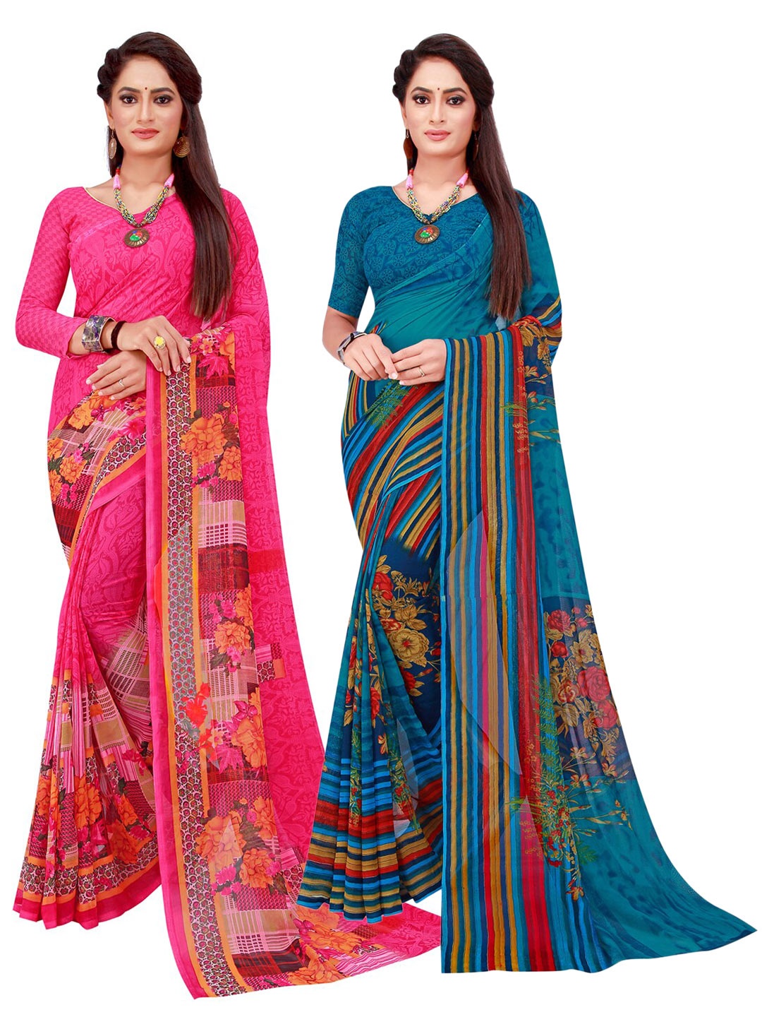 

Silk Bazar Magenta & Turquoise Blue Floral Pure Georgette Saree