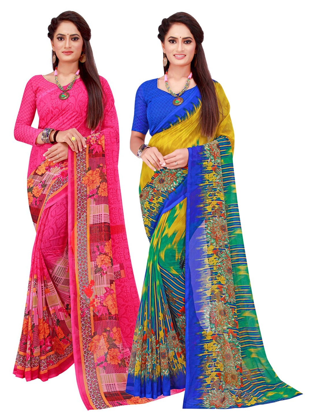 

Silk Bazar Magenta & Blue Pack of 2 Floral Printed Pure Georgette Sarees