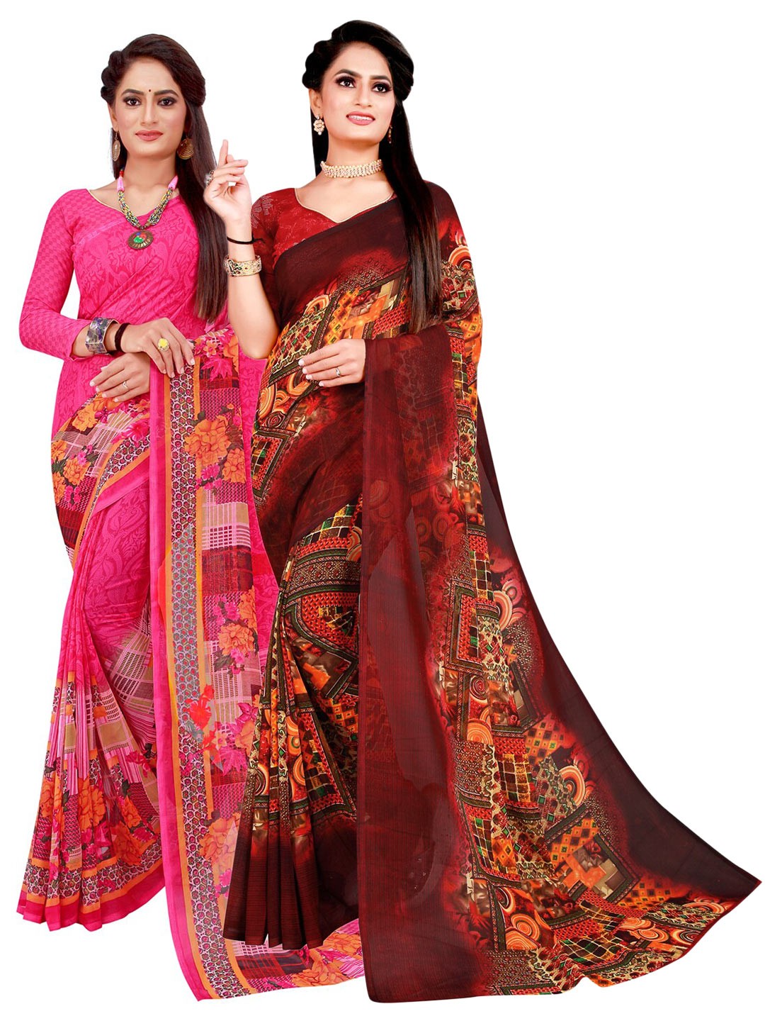 

Silk Bazar Magenta & Brown Pack of 2 Floral Printed Pure Georgette Sarees