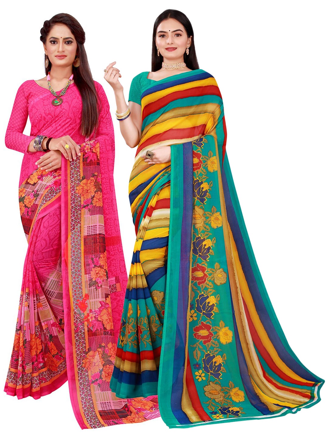 Silk Bazar Green & Magenta Pack of 2 Floral Printed Pure Georgette Sarees