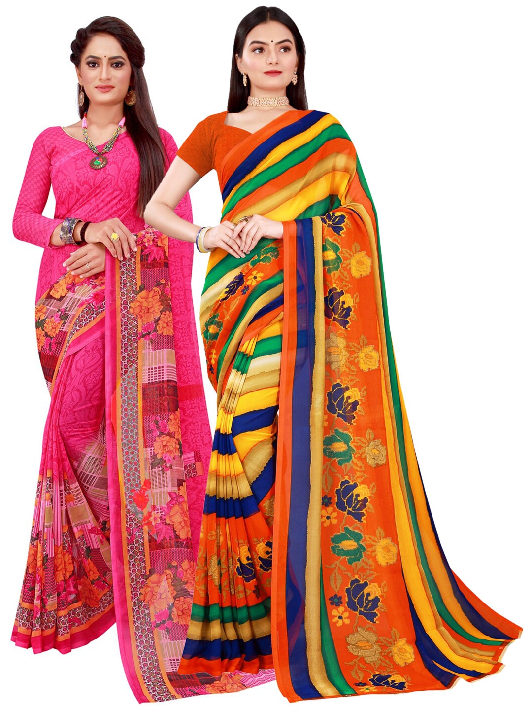 Silk Bazar Magenta & Green Pack of 2 Floral Printed Pure Georgette Sarees