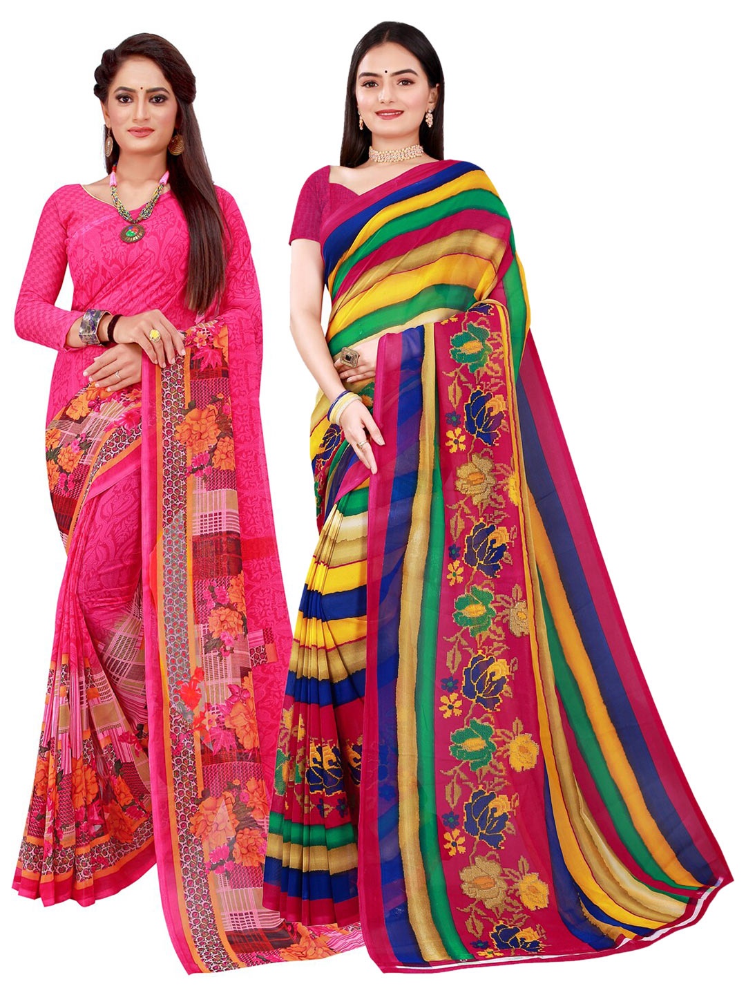 

Silk Bazar Magenta & Blue Pack of 2 Floral Printed Pure Georgette Sarees