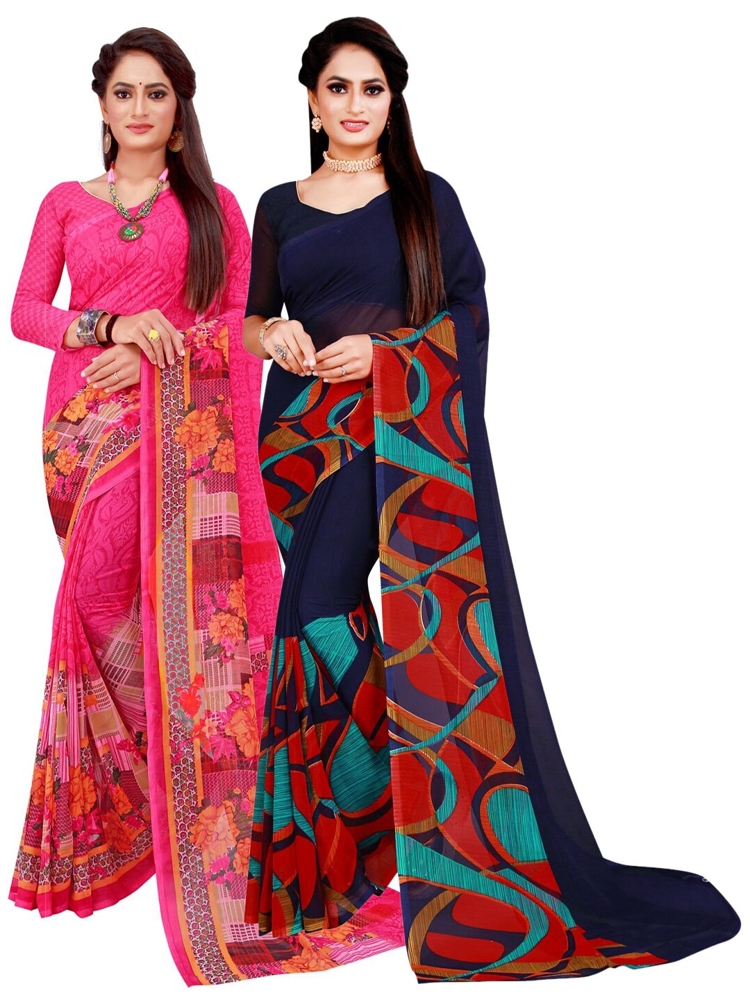 

Silk Bazar Navy Blue & Magenta Pack of 2 Floral Printed Pure Georgette Sarees