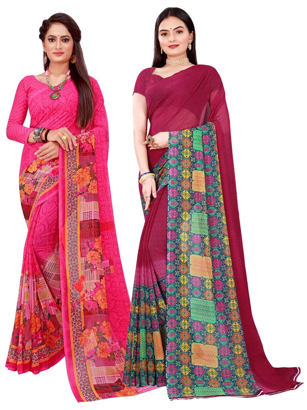 

Silk Bazar Magenta & Maroon Pack of 2 Floral Printed Pure Georgette Sarees