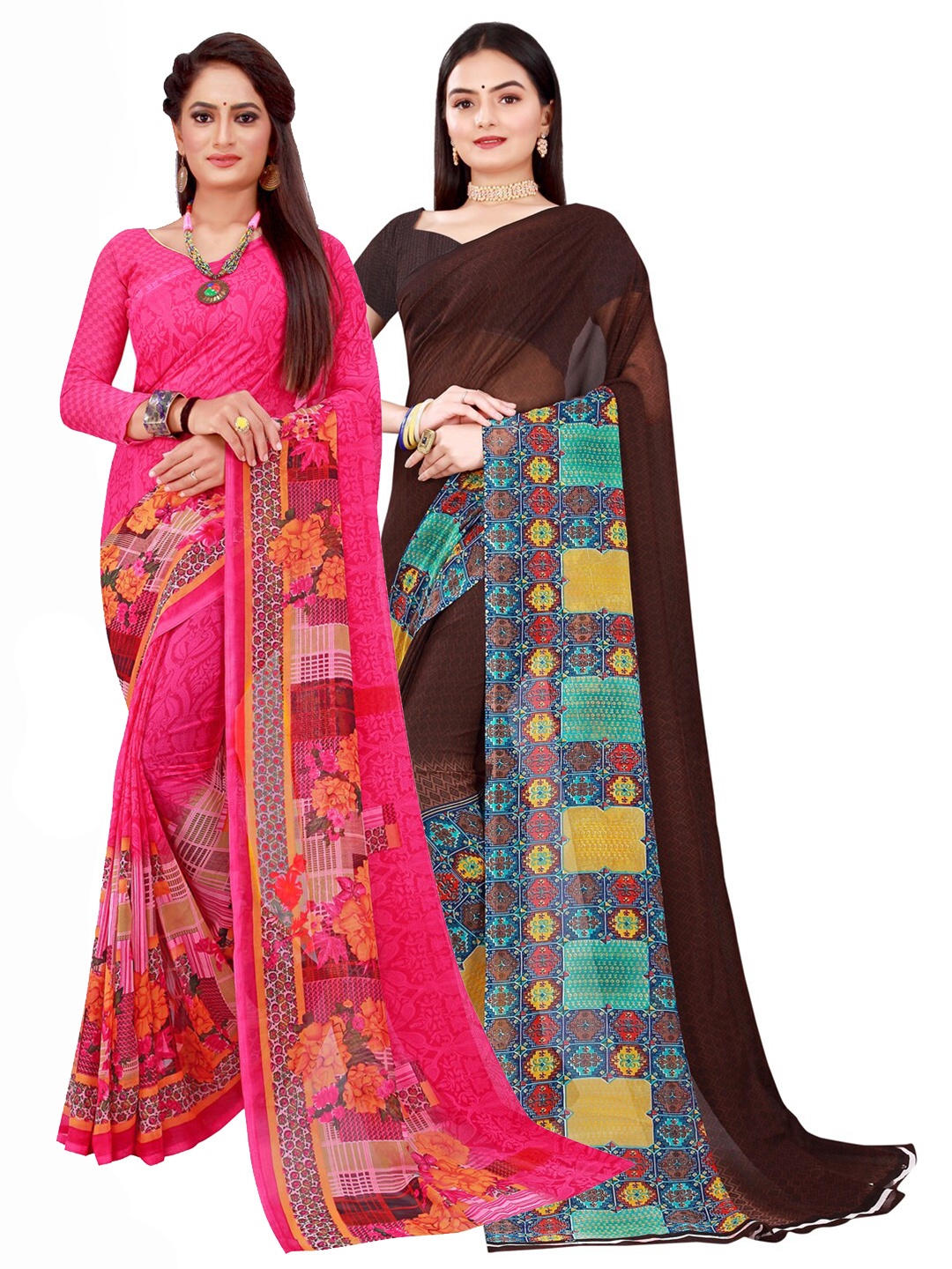 

Silk Bazar Brown & Magenta Pack of 2 Floral Printed Pure Georgette Sarees