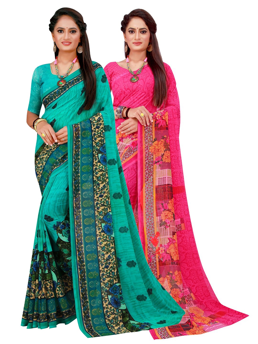 

Silk Bazar Magenta & Turquoise Blue Pack of 2 Floral Printed Pure Georgette Sarees